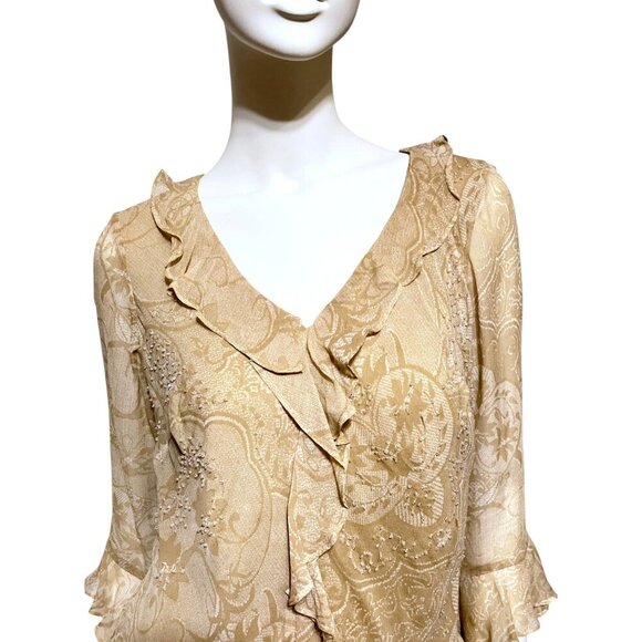 Y2K Silk Ruffled Babydoll Top S Flare Sleeves Beaded Neutral Fairy 100% Silk - Picture 2 of 7